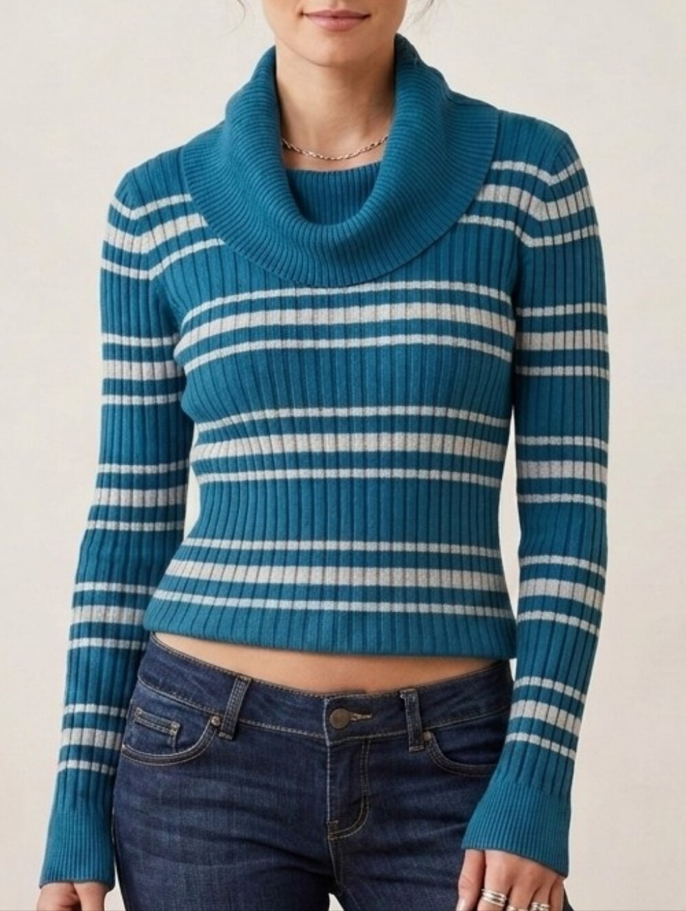 Vtg Y2K L.E.I. Blue Teal Striped Turtleneck Sweater S Cowl Neck Preppy Retro